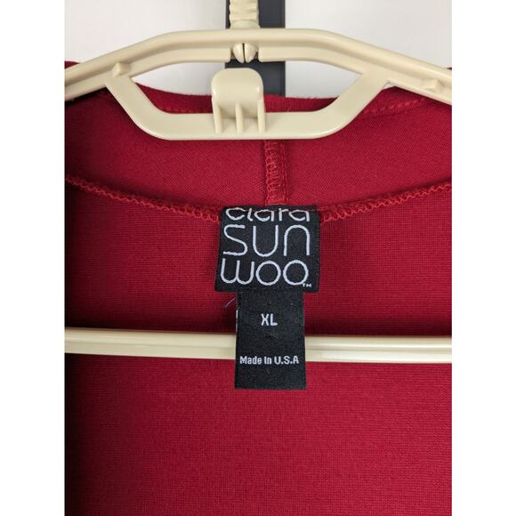 Clara Sun Woo red open front ponte knit cardigan large pockets - Picture 3 of 7